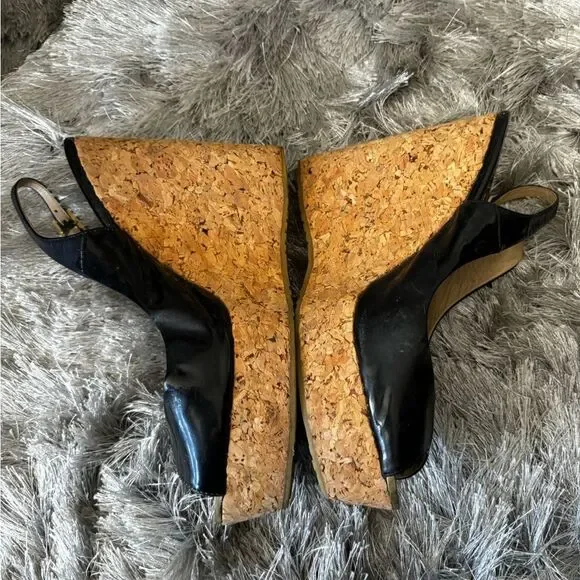 JIMMY CHOO cork wedge slingback sandals classic black dress shoes open toe y2k - Picture 4 of 7